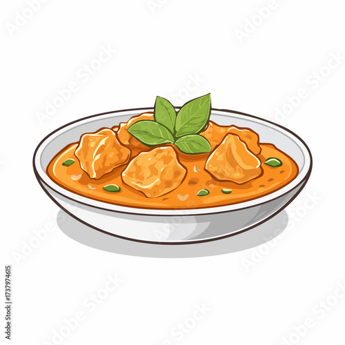 A vibrant illustration of a bowl of chicken curry, garnished with fresh green herbs, served in a white dish.