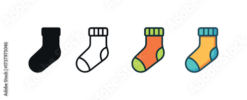 Vector icon wool socks four styles black solid glyph outline minimal flat multicolor filled cartoon flat shaded.
