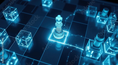 A digital chess board with glowing blue pieces and a queen in the center of the board