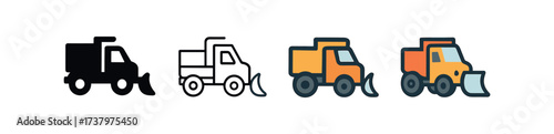Vector icon snow plow truck four styles black solid glyph outline minimal flat multicolor filled cartoon flat shaded.