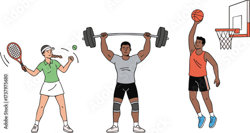 Athletes performing various sports activities like tennis, weightlifting, and basketball on white backdrop demonstrating physical fitness and active lifestyle.