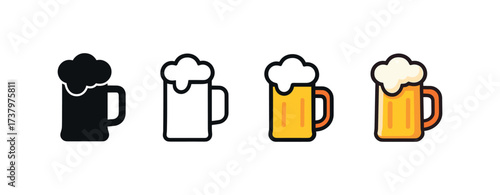 Vector icon frosty mug beer four styles black solid glyph outline minimal flat multicolor filled cartoon flat shaded.