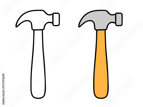 Vector illustration featuring a claw hammer in two versions: a colored version with a wooden handle and a black line outline. Simple carpentry or construction icon.