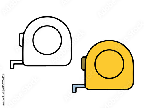 Vector illustration featuring a tape measure in two versions: a colored yellow version and a black line outline. Simple measurement icon for construction, DIY, or industrial design.