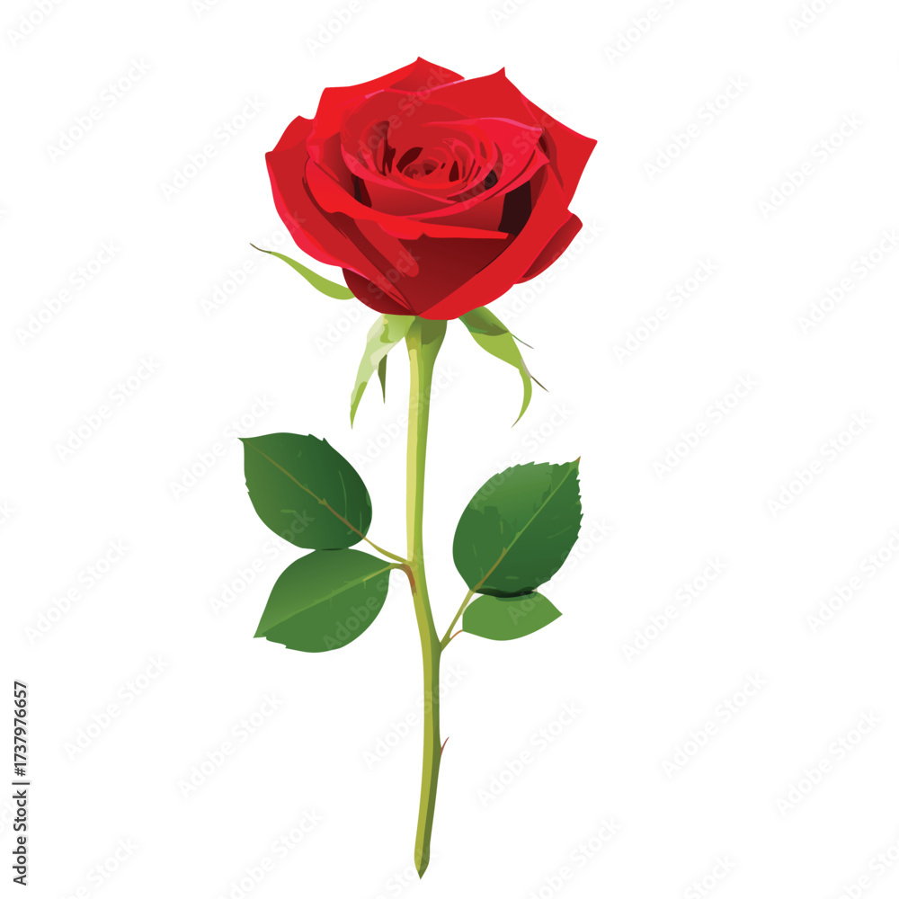 Obraz premium Single red rose with green leaves on white background vector illustration flower