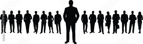 Business leader silhouette, corporate team standing, professional group concept, leadership figure in center, teamwork hierarchy, flat vector illustration