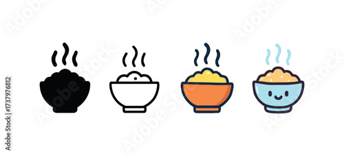 Vector icon steaming porridge four styles black solid glyph outline minimal flat multicolor filled cartoon flat shaded.