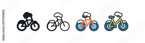 Vector icon snow covered bicycle four styles black solid glyph outline minimal flat multicolor filled cartoon flat shaded.