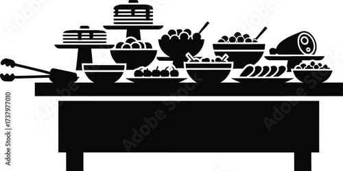 Silhouette of a buffet table laden with various food items