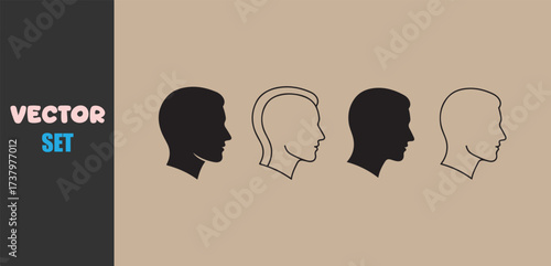 Set of silhouette and outline human head profiles facing right