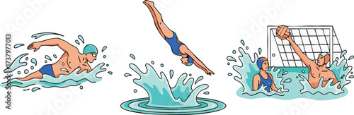 Swimmers participate in various water sports including freestyle swimming, diving, and water polo in an outdoor pool, showcasing athleticism and teamwork in a competitive setting.