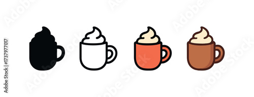 Vector icon hot cocoa with cream four styles black solid glyph outline minimal flat multicolor filled cartoon flat shaded.