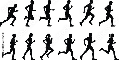 Running silhouette collection, male and female runners, motion posture vector, athletic stride illustration, biomechanics study, sport action, flat vector illustration