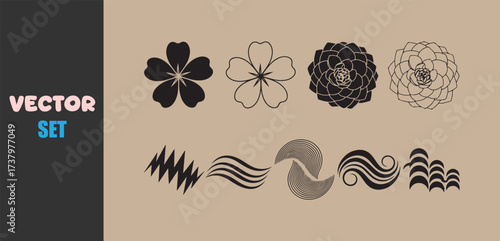 Abstract floral and wavy line art vector set with vintage feel