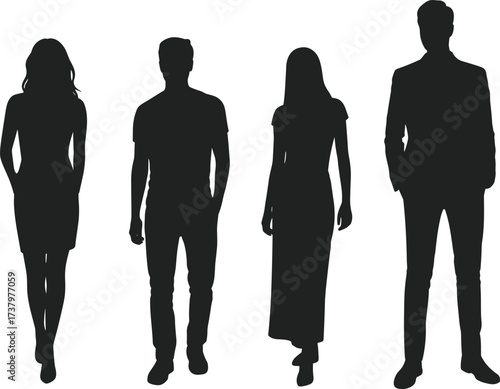 Silhouette people standing, mixed clothing styles, casual and formal, walking posture, fashion diversity, flat vector, character modeling