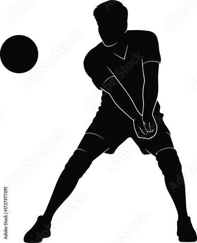 Volleyball player silhouette, sports action pose, athletic movement, bump technique, black vector art, dynamic posture, flat design, competitive game, flat vector illustration