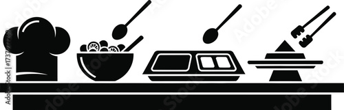 Culinary preparation and serving station with chef hat and food items