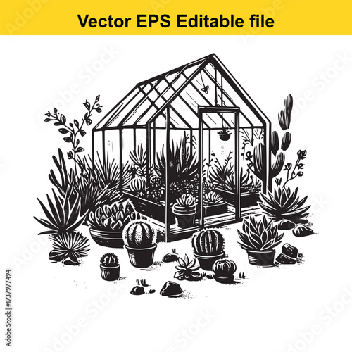 Vector art of greenhouse with various potted succulent plants