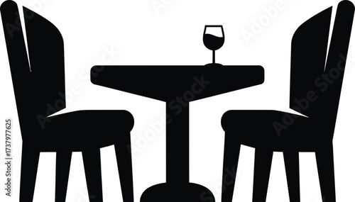 Simple silhouette of a table and chairs with a wine glass