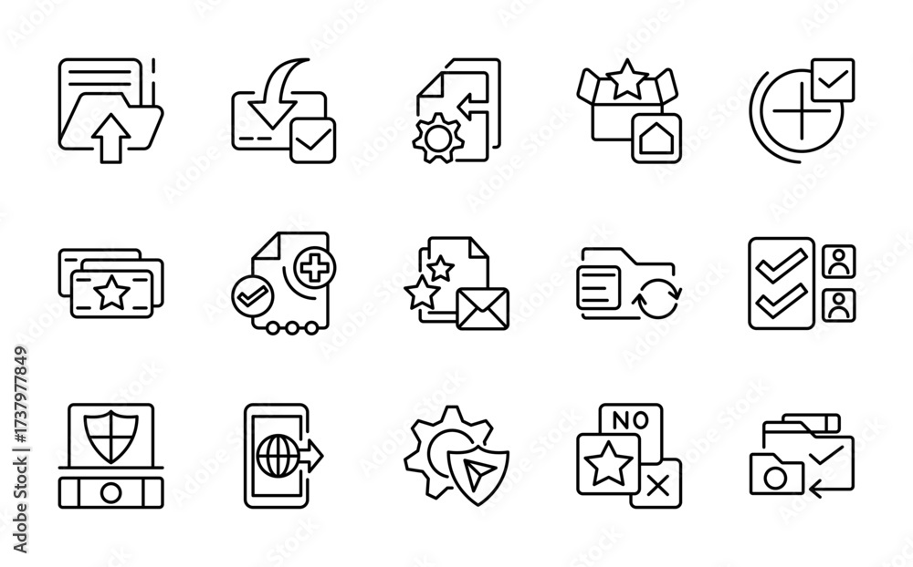 Fototapeta premium ertification and approval linear icon set. Value, star, award, agreement, quality control, achievement, review, premium, editable stroke vector icon pack