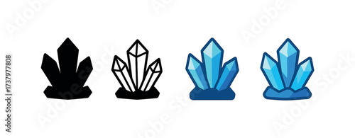 Vector icon icy crystal cluster four styles black solid glyph outline minimal flat multicolor filled cartoon flat shaded.