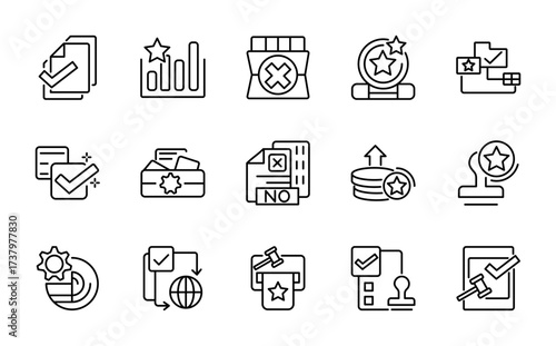 Achievement and quality linear icon set. Approval, star, award, premium, certificate, agreement, check mark, editable stroke thin line icon pack.