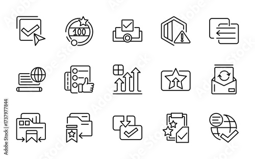 Rating and approval linear icon set. Star, review, rate, best, award, quality check, certificate, agreement, editable stroke outline UI icon pack.
