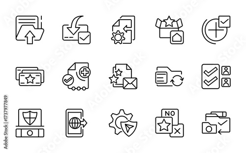 ertification and approval linear icon set. Value, star, award, agreement, quality control, achievement, review, premium, editable stroke vector icon pack