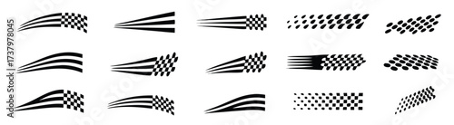 Race flags and dynamic motion lines, racing stripe speed, checkered flag
