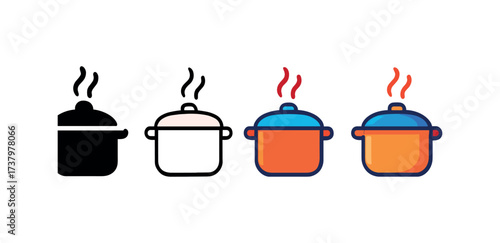 Vector icon steaming casserole four styles black solid glyph outline minimal flat multicolor filled cartoon flat shaded.