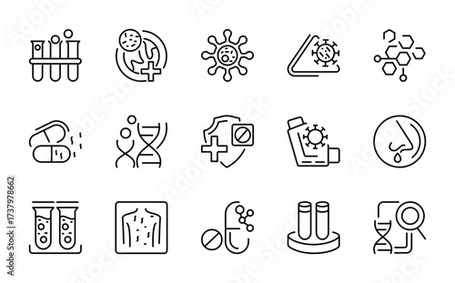 Disease and virus linear icon set. Infection, symptoms, treatment, flu, throat pain, respiratory spread, hand washing, vitamins, editable stroke icon pack