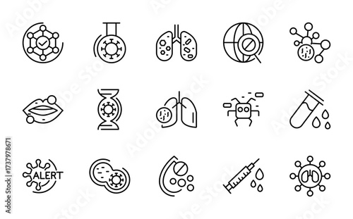 Medical virus linear icon set. Infection, treatment, flu test, sore throat, vitamin C, prescription, respiratory spread, hygiene, outline UI icon pack.