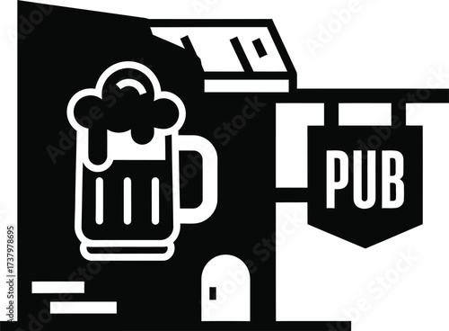 Black and white icon of a pub with a beer mug and sign