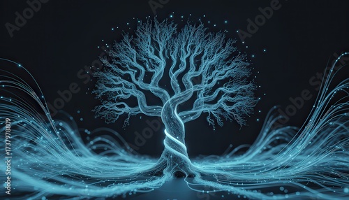 A glowing blue tree with intertwining trunk and branches on a dark background with light trails