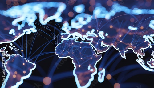 Illuminated world map with network connections and glowing nodes on a dark background
