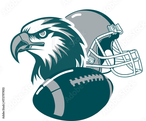 football design with helmet, eagle and ball in  silver and midnight Green. Bold artwork for sports apparel, team branding, fan merchandise and promotion
