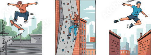 People skateboarding, rock climbing, and parkouring in urban environment, showcasing extreme sports and active lifestyle with youthful energy.