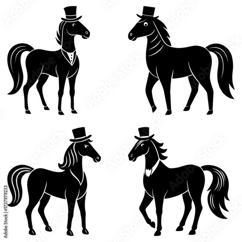 Four black horses wearing top hats and formal attire standing in a symmetrical arrangement on white