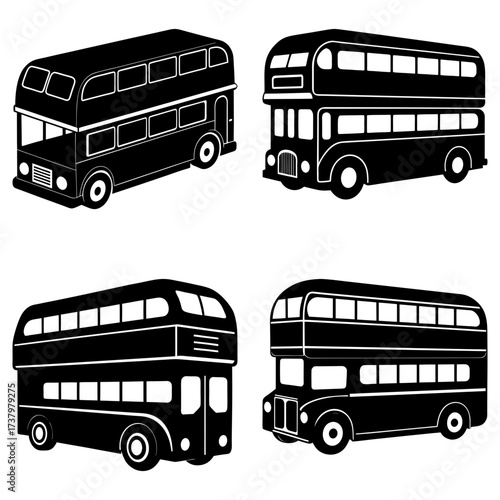 Four black and white double decker buses in various angles and perspectives on a white background image