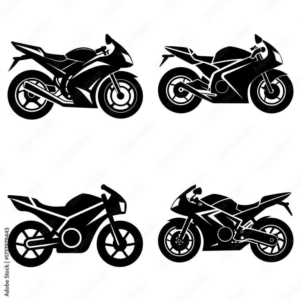 Obraz premium Four black silhouette motorcycles in varying designs arranged on a white background in a square layout