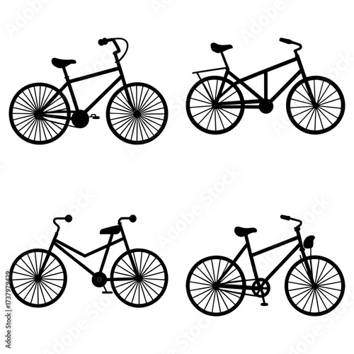Four bicycle silhouettes in varying styles displayed on a white background in a square arrangement