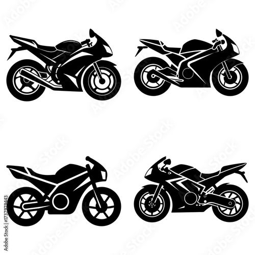Four black silhouette motorcycles in varying designs arranged on a white background in a square layout