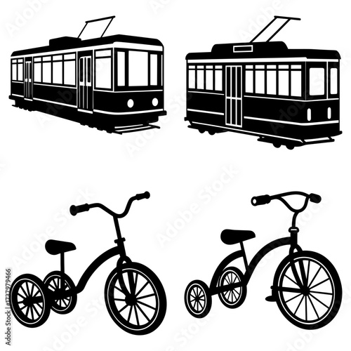 Two trams and two tricycles in black and white vector illustration showing transportation vehicles