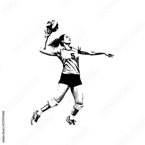 Volleyball player spiking ball during game action, black and white