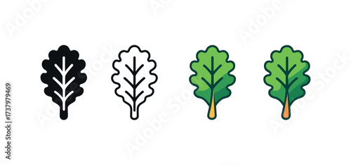 Vector icon kale four styles black solid glyph outline minimal flat multicolor filled cartoon flat shaded.