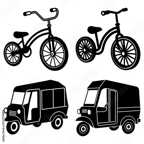 Illustration of two tricycles and two auto rickshaws in black and white vector format design style