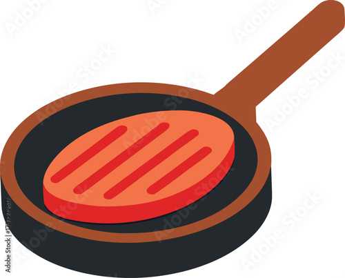 Isometric view of a sizzling steak in a grill pan