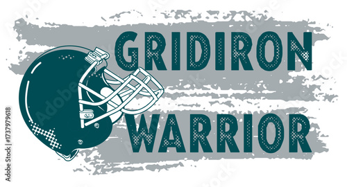 Bold GRIDIRON WARRIOR text with helmet silver and midnight Greenand dynamic brushstroke background. Ideal for sports apparel, team branding, football graphics, fan merchandise, and promotional design