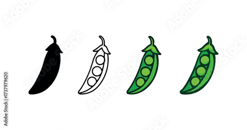 Vector icon green peas pod four styles black solid glyph outline minimal flat multicolor filled cartoon flat shaded.