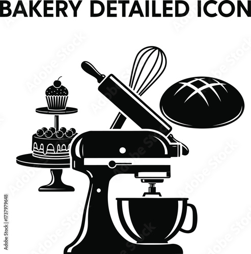 Detailed bakery icon featuring mixer bread and cake stand